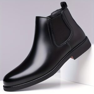 Men's Autumn Winter High-Top Anti-Slip Business Casual Boots, Classic Black Shoes with Elastic Lace Design