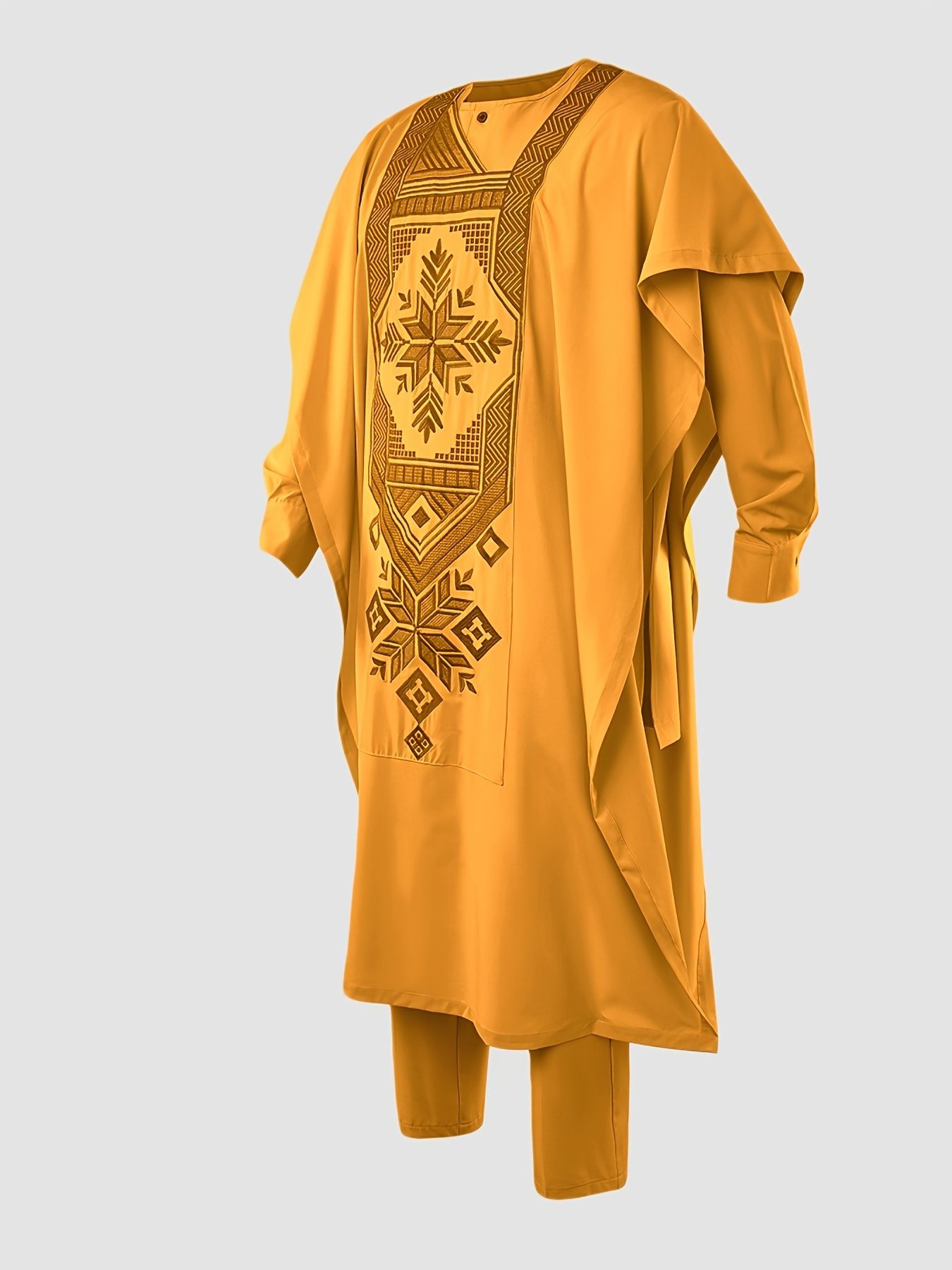 Men'S Three-Piece Agbada Set Featuring Embroidery, Pockets, And a Loose, Flowing Silhouette; Includes a Robe, Shirt, And Drawstring Elastic Waist Long Pants, Suitable for Everyday Events Like Cocktails, Weddings, Parties, Banquets, Birthdays - Image 9