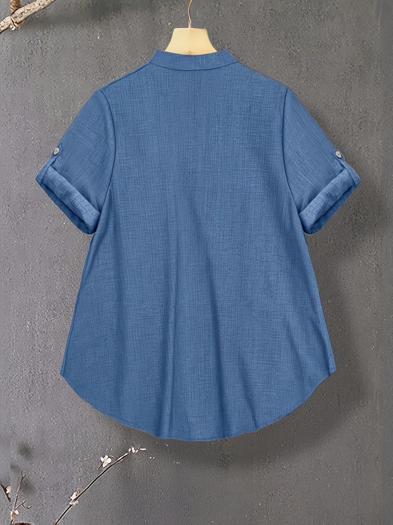 New V-neck Button-detail Short-sleeve Top with Elastic Waist and Side Slant Pockets Women's Set - Image 4