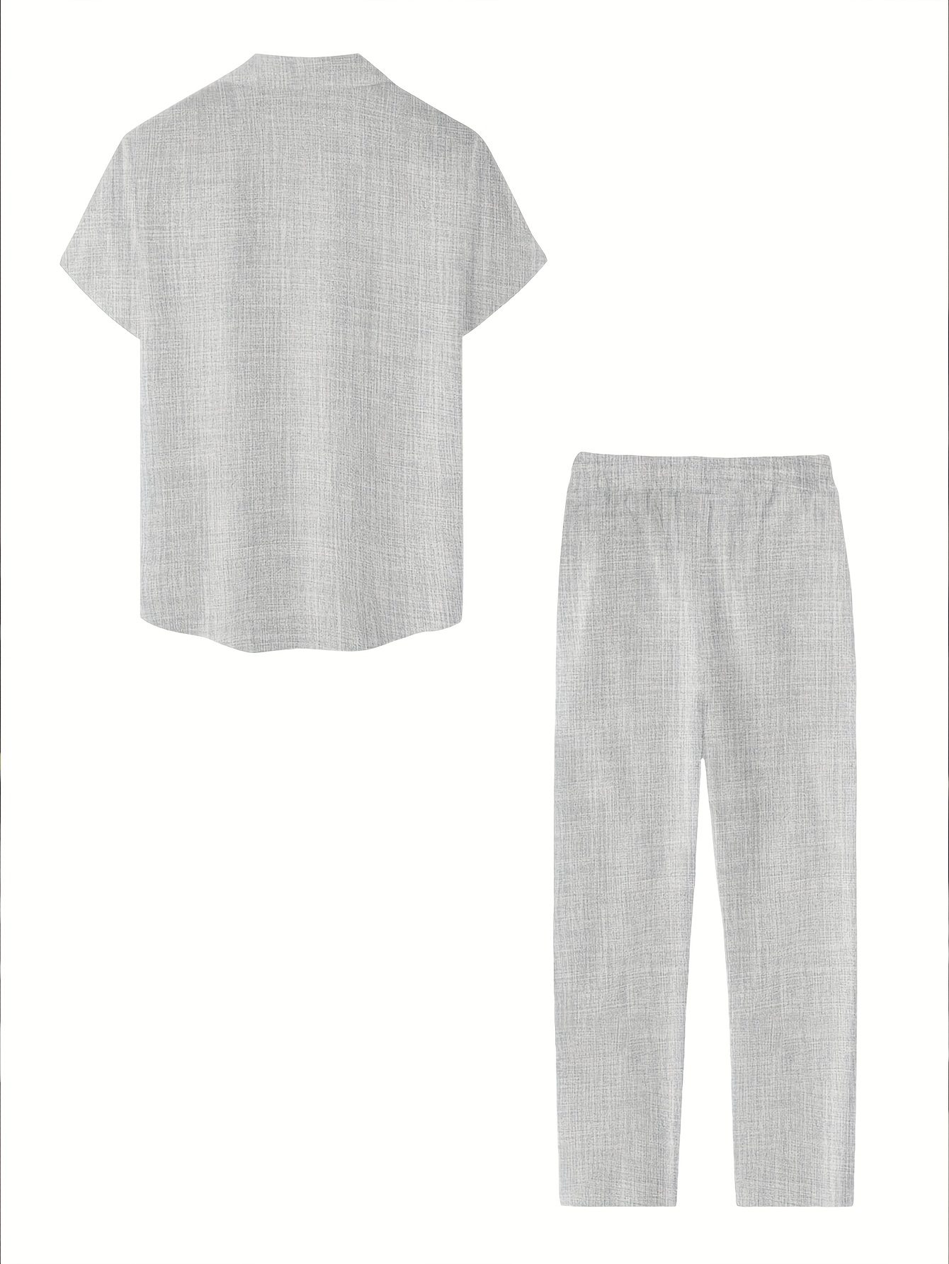 European and American new Men's fashionable and comfortable short-sleeved stand-up collar shirt set striped texture fabric stand-up collar short sleeve shirt and casual trouser set - Image 9