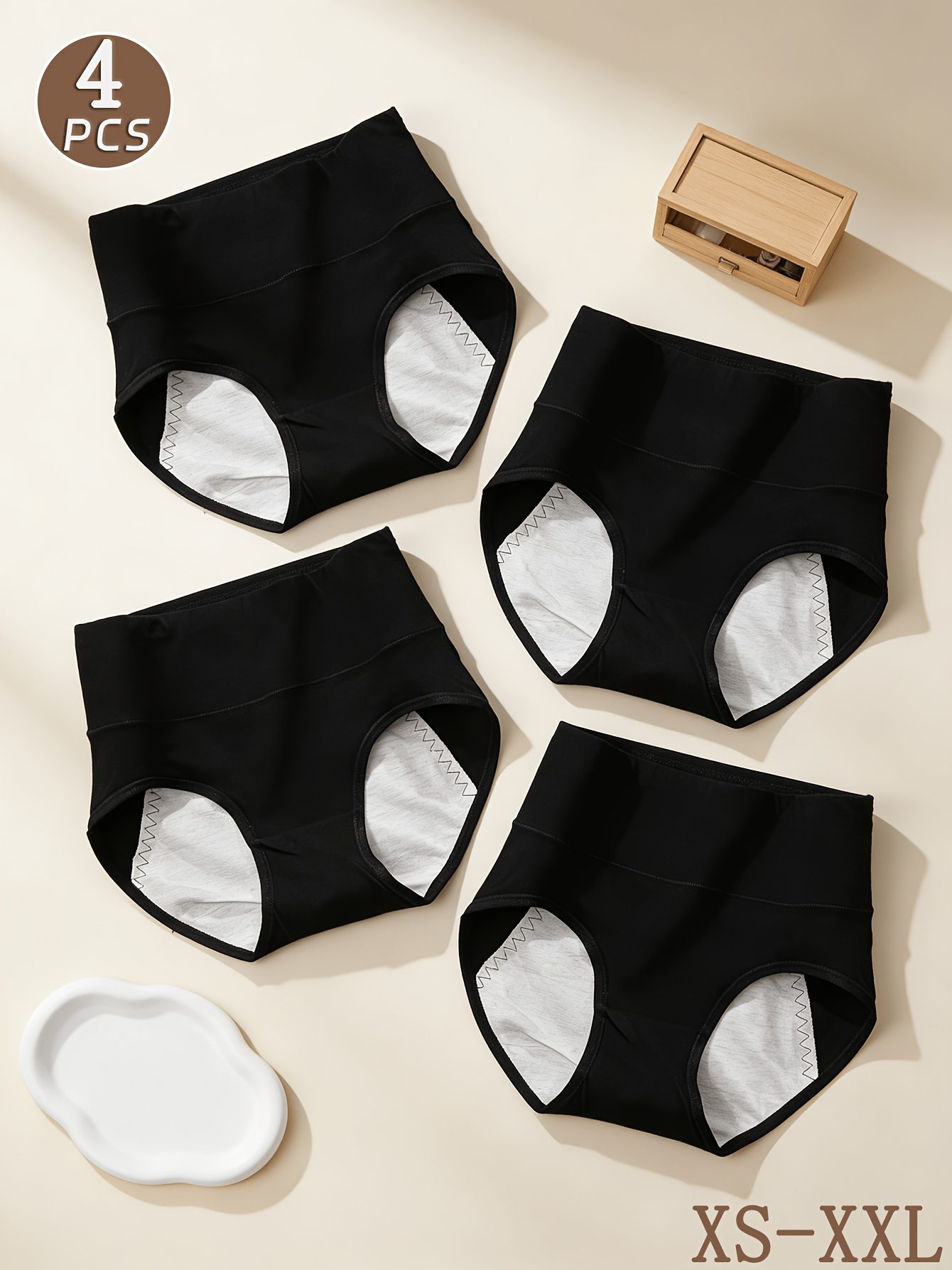 4-Pack Black High-Waist Women's Period Panties, Tummy Control, Butt Lifting, Anti-Leakage, No Crotch Riding or Waist Tightness, Suitable for Home and Commuting During Menstruation - Image 5