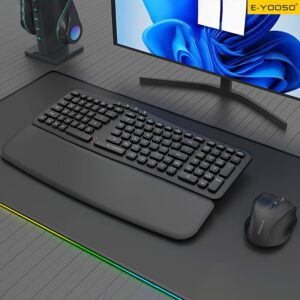 E-YOOSO 2.4G Wireless Keyboard and Mouse Set with Receiver and Wrist Rest, Ergonomic Low Battery Alert, Self-sleep Mode, Silent Key Operation, Comfortable Gaming and Office Dual-purpose Keyboard and Mouse Set (without Battery)