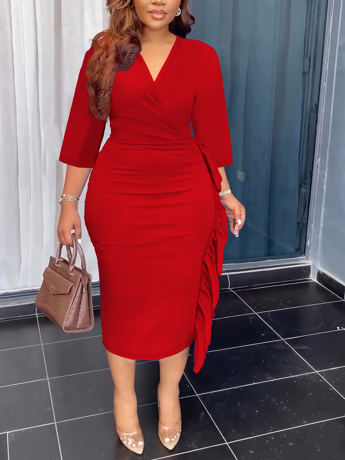 Ladies' Fashion Elegant V-Neck Ruffle Trim Cute Ribbon Dress + Zhou Dongzhi Elegant Direction - Image 6
