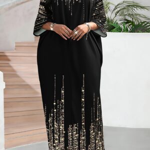 Floral Design Women'S V-Neck 3/4 Sleeve Floral Print Loose Casual Midi Dress Elegant Maxi Dress Non-Sequin Decoration