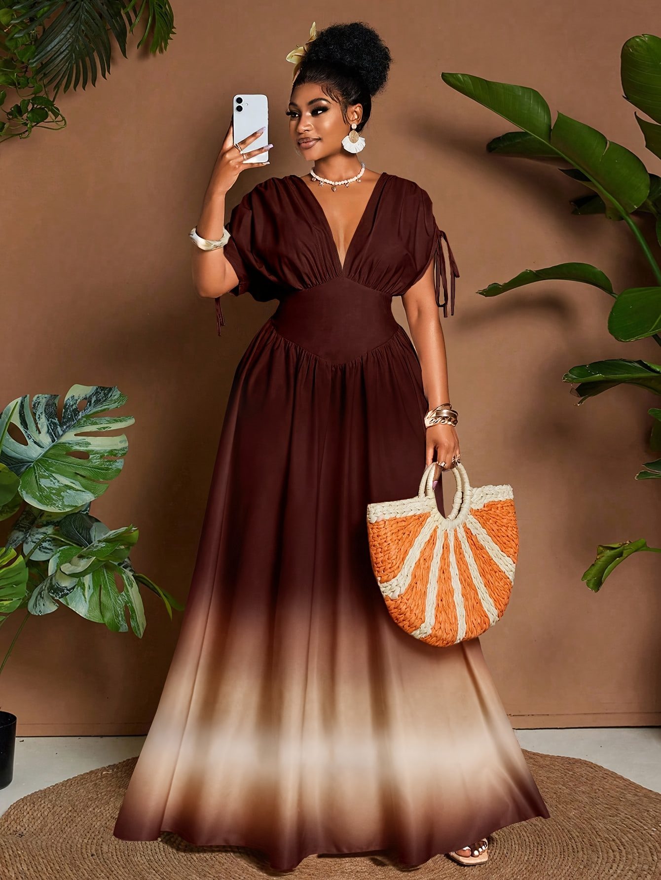 Women's Elegant Gradient V-Neck Long Maxi Dress with Fitted Bodice & Flowy - Waist, Machine Washable Winter Dress for Weddings, Parties, Fall/ Winter Events - Non-Stretch Suitable for Weddings, Parties, Fall/Winter Events - Image 4
