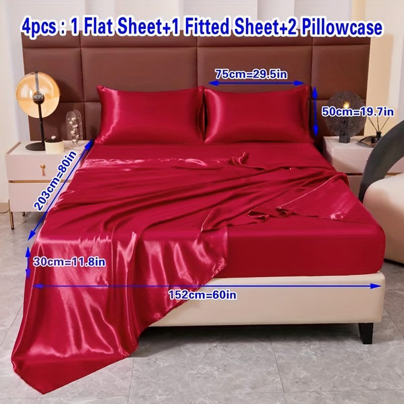 4pcs Comfort Satin Sheet Set - All-Season Versatile Non-Shrink, Ball-Free Machine Washable Luxury Fitted Sheets Soft and Smooth Bedding for Bedroom and Guest Room 1 * Flat Sheet + 1 * Fitted Sheet + 2 * Pillowcases - Image 26
