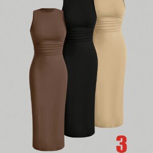 3pcs Dress Set, Solid Color Pleated Long Skirt for Summer, Elegant Workwear