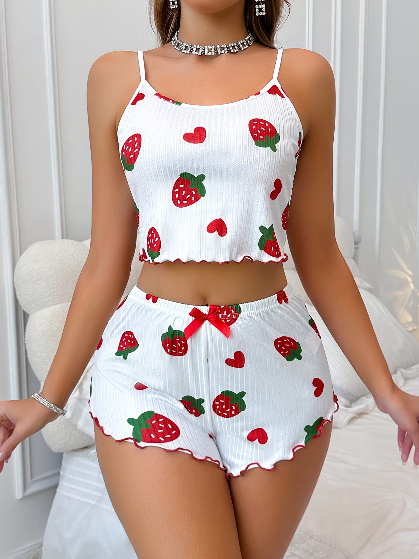 Women'S Strawberry Print Cami Top & Shorts Pajama Set - Cute Summer Sleepwear with Bow Detail, White with Red & Green Strawberries, Sleeveless Spaghetti Strap Design, Perfect for Casual Lounging, Lounging Outfit|Playful Print Top|Playful Print Bottom, Loungewear - Image 9
