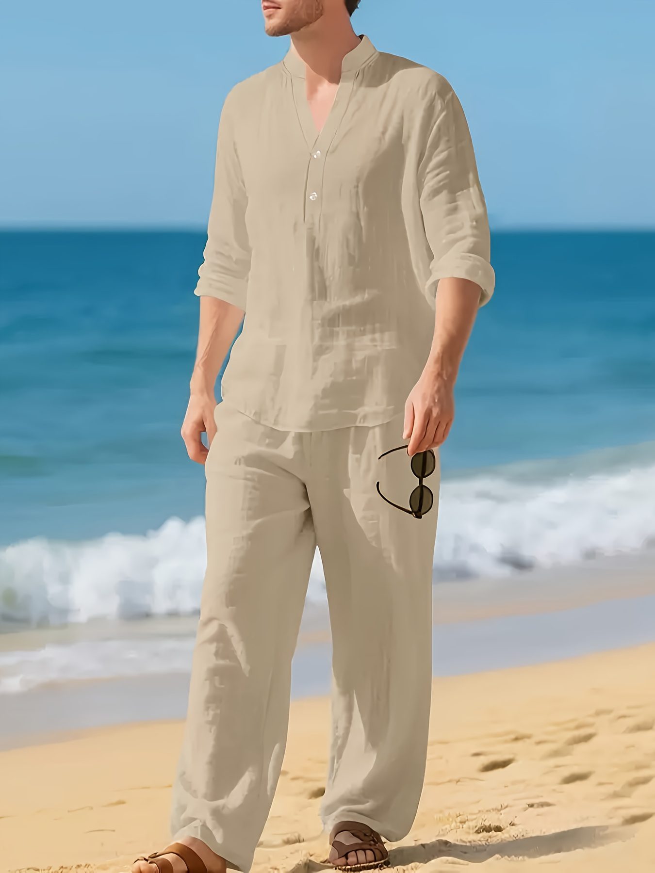 Cross-Border New Men'S Linen Casual Loose Long-Sleeved V-Neck Breathable Long Pants Set for Spring, Summer, Autumn, And Winter - Image 2