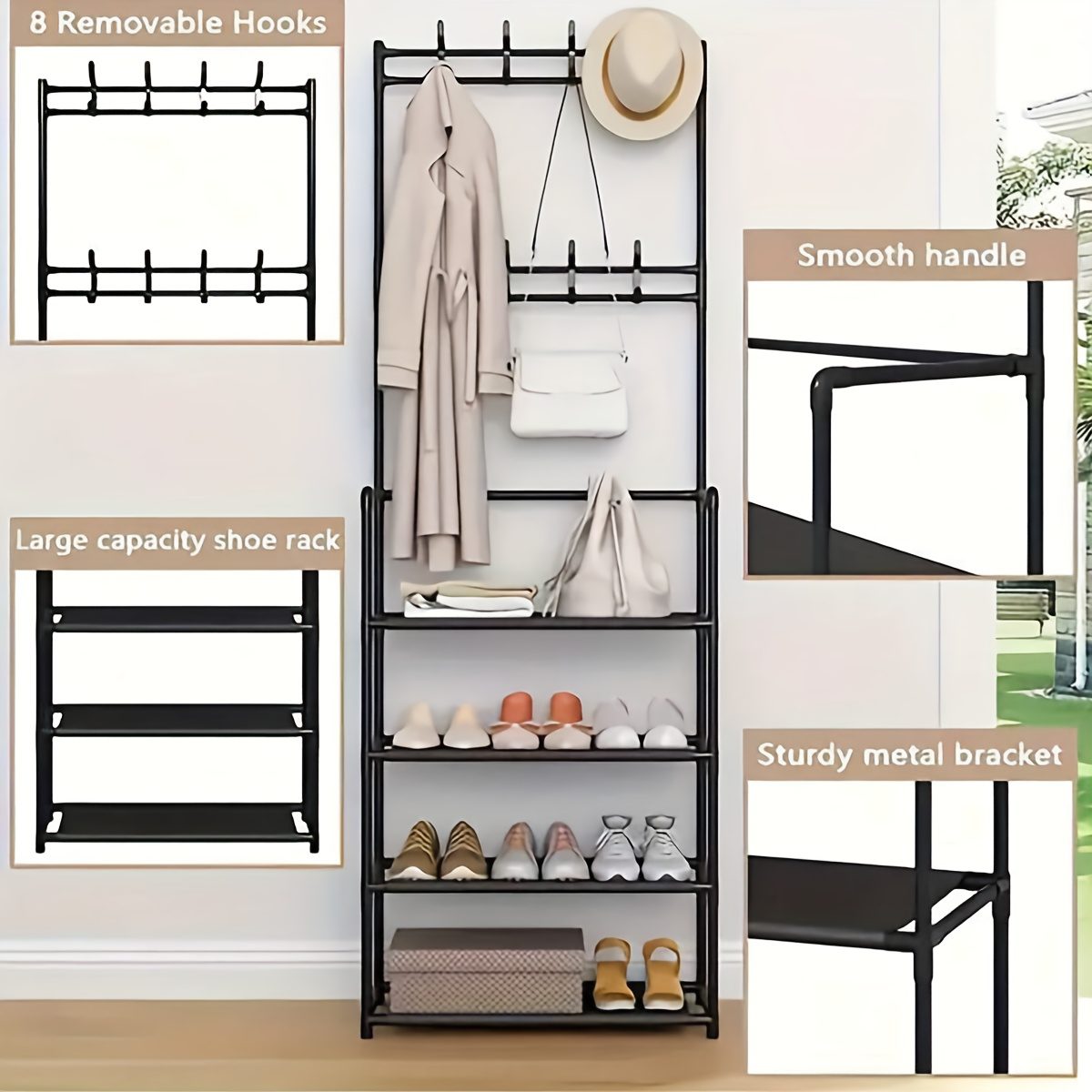 Elegant Black Household Coat Rack with Five-Tier Large-Capacity Integrated Design: Meets the Entire Family's Shoe Storage Needs, Eliminating Entryway Clutter. A Multifunctional Storage Shoe Cabinet and Coat Rack with Multi-tier Shelving