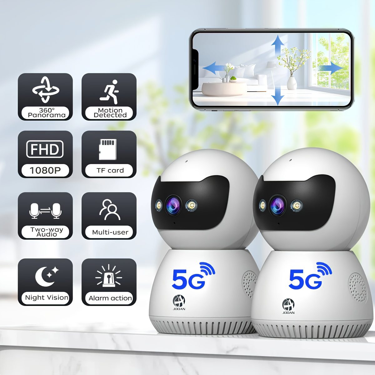 5G Dual-Band WiFi Camera, 1080P Home Wireless Security Monitoring - 355° Rotating Tracking Alarm Security Camera with Night Vision, Smartphone Remote Control, A Good Housekeeper Assistant for Indoor Use, Child Monitor for Viewing Anytime