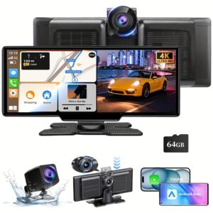 4K Front Dash Cam, 1080P Rear Camera, Portable Carplay Screen for Car - 26.06 cm Carplay & Android Auto Car Touch Stereo, with 64G TF Card, BT, GPS Navigation