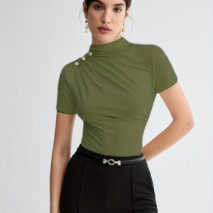 Elegant Short-Sleeve Button-Front T-Shirt - Solid Color Summer Blouse, Button- Shoulder Placket, Machine Washable Casual & Semi-Formal Wear, Versatile Solid Color Top for Everyday or Special Occasions