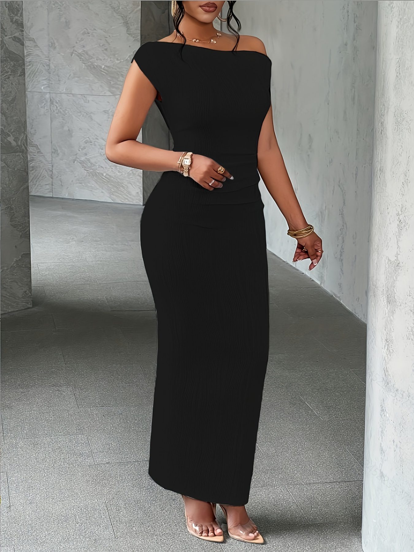 Elegant Off-Shoulder Ribbed Midi Dress for Women - Sexy Off-Shoulder, Solid Color, Short Sleeve with Straight Silhouette, No Chest Pad, for All Seasons - Image 9
