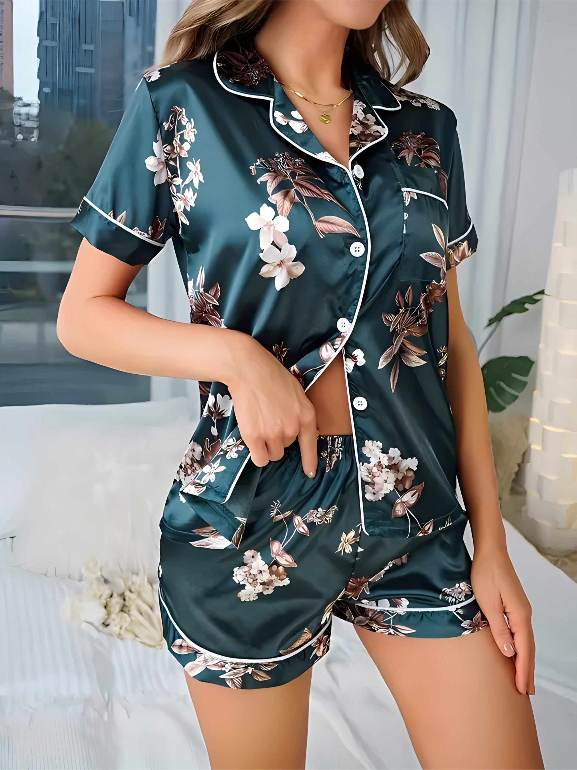 Elegant Floral Printed Loungewear Set, Featuring a Short-Sleeve Button-Up Top And Stretchy Shorts, Designed for Women'S Sleepwear. - Image 5