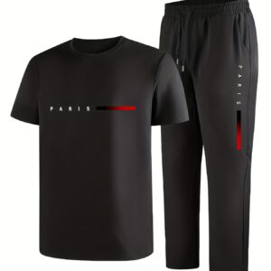Men'S Casual Athletic 2pcs Short Sleeve Top And Straight Pants Outfit, Print Pattern Fashion Trendy V
