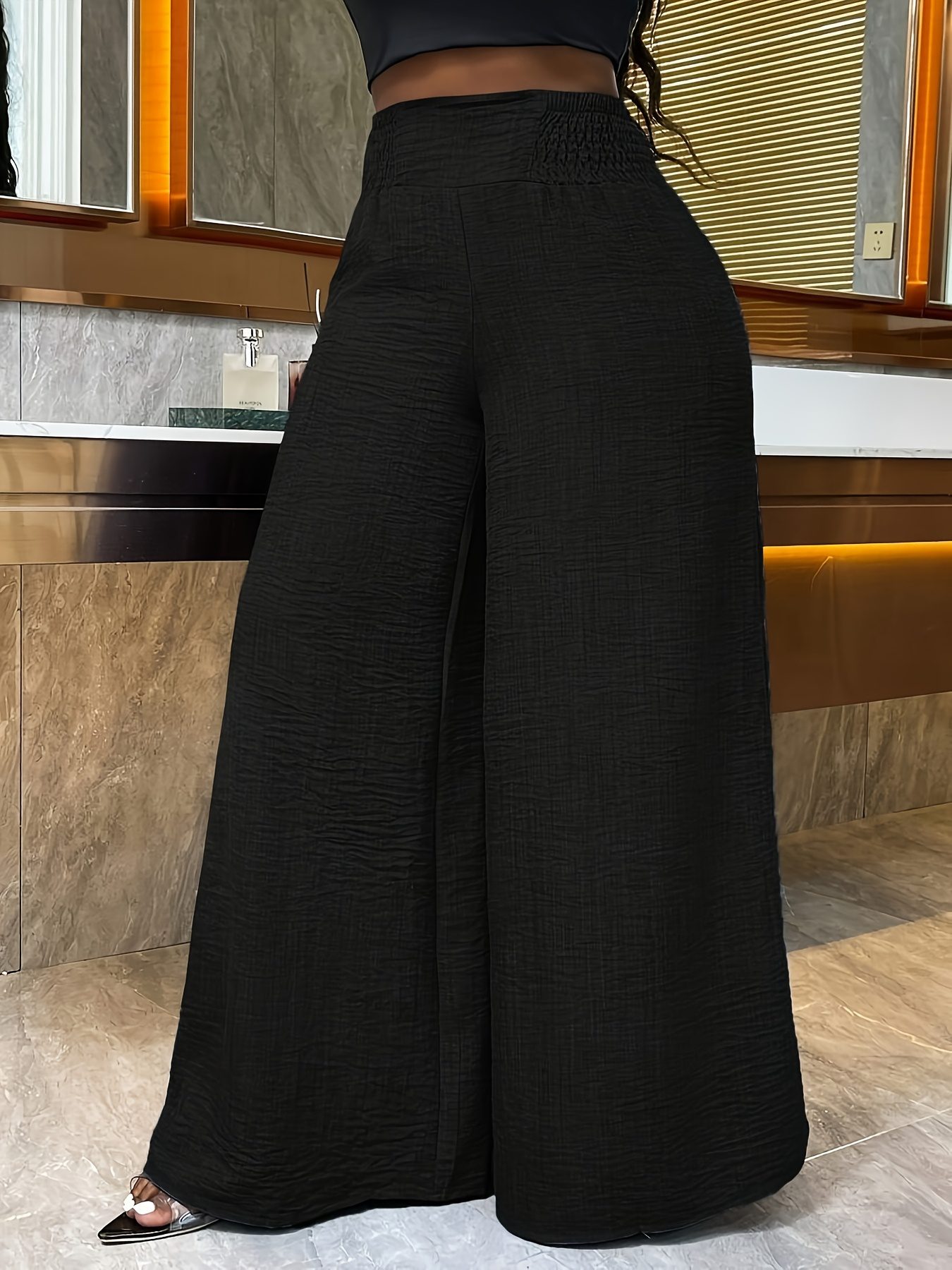 Women'S Casual Wide Leg Pants, Elastic Waist, Solid Color, Polyester 100%, Loose Fit, Long Length, Woven Fabric, 200g/m², for Spring/Fall, Weekend Casual Wear