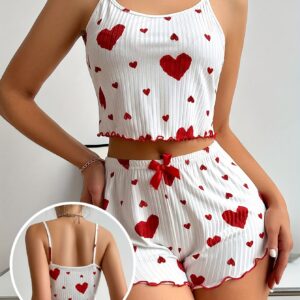 Ladies' Heart Patterned Attractive Ribbed Pajama Ensemble, Round Neck Backless Crop Camisole And Shorts, Cozy Loose Fit, Summer Sleepwear