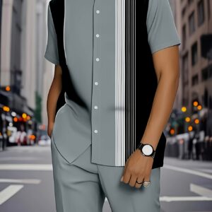 European and American Men's fashion stripe pattern print design button- short-sleeved shirt top and casual trousers matching suit, fashionable street street, seaside casual vacation short-sleeved shirt set