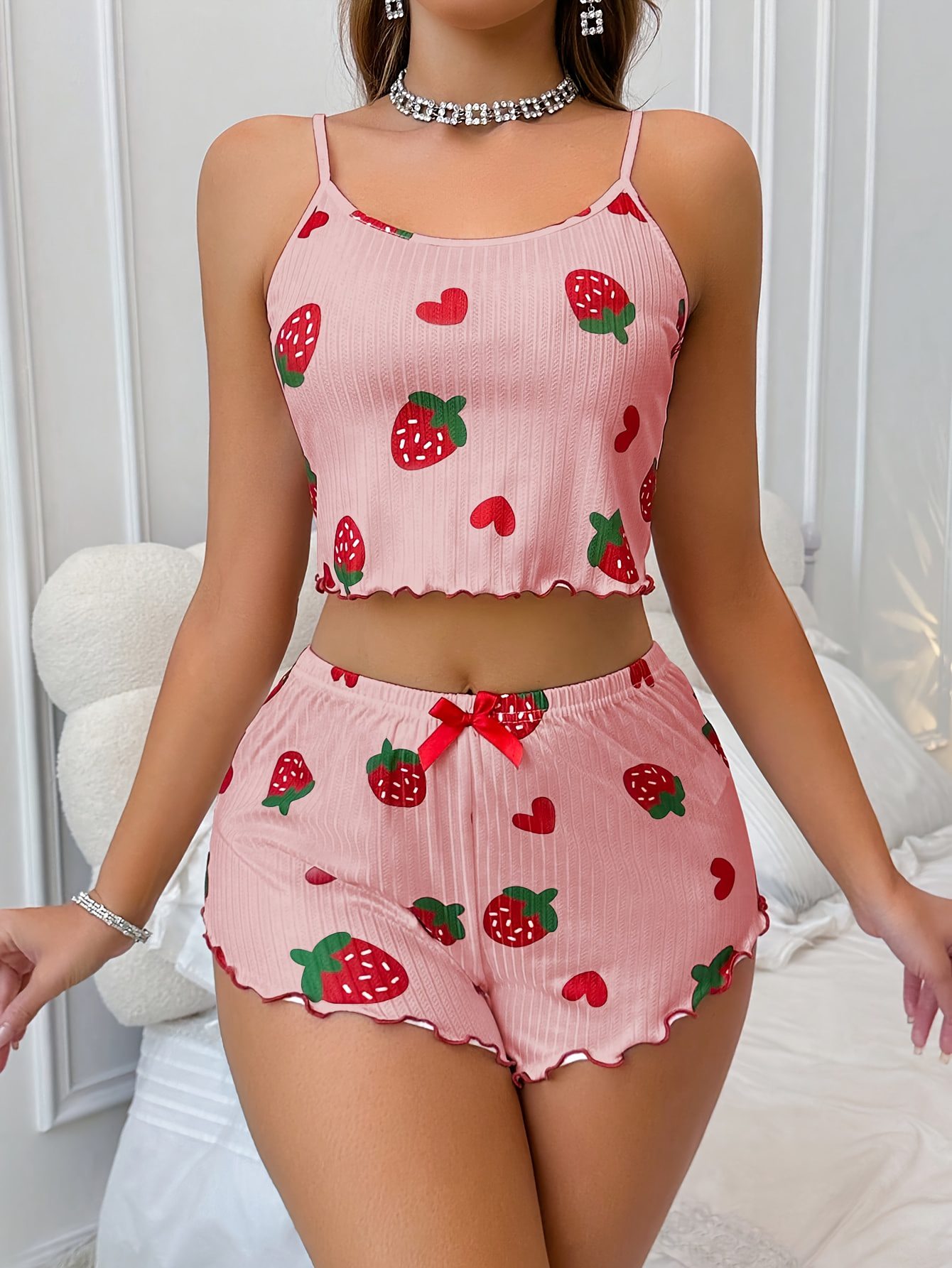Women'S Strawberry Print Cami Top & Shorts Pajama Set - Cute Summer Sleepwear with Bow Detail, White with Red & Green Strawberries, Sleeveless Spaghetti Strap Design, Perfect for Casual Lounging, Lounging Outfit|Playful Print Top|Playful Print Bottom, Loungewear - Image 8