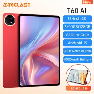 Teclast T60 AI Tablet PC 12-inch Pad with 16GB RAM (6GB+10GB Extendable), 128GB ROM Storage, Supports 1TB TF Card, 2K Display (2000x1200 Resolution), 90Hz Refresh Rate, Split Screen, Android 15 with AI Text Extraction, Metal Unibody, 8000mAh Battery