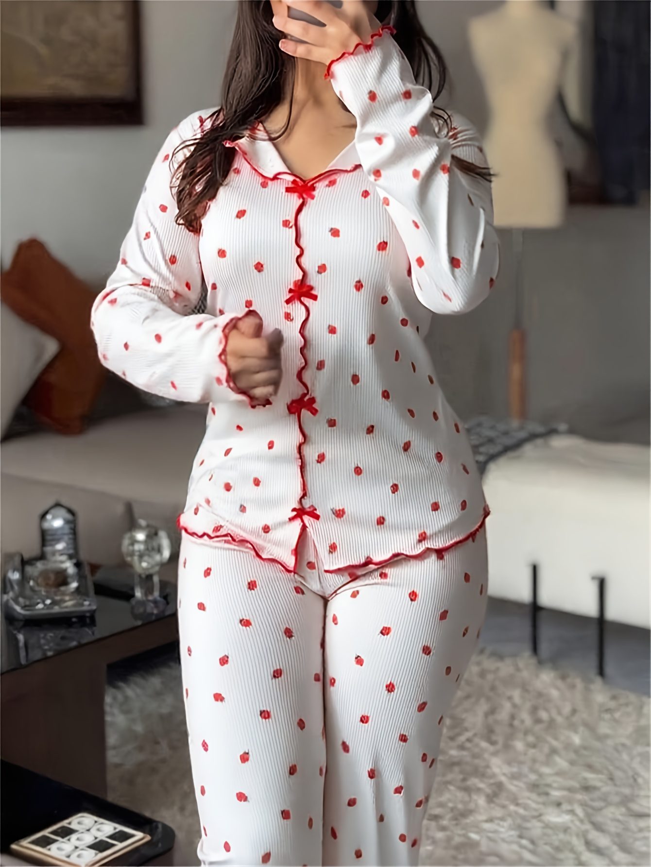 2pcs Strawberry Print Bow-Decorated Lapel V-Neck Ruffled Top and Elastic Waist Pants Casual Ribbed Pajama Set - Image 3