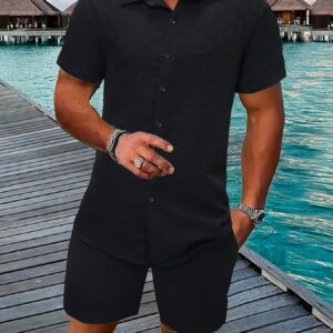 Men's Outfit, Checkered Print Lapel Short Sleeve Button Up Shirt & Shorts 2pcs Co Ord Set for Outdoor Activities