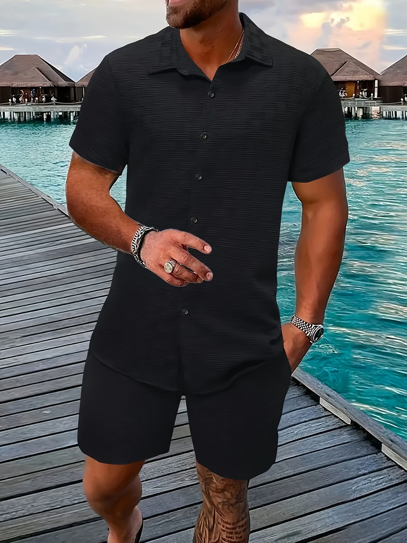 Men's Outfit, Checkered Print Lapel Short Sleeve Button Up Shirt & Shorts 2pcs Co Ord Set for Outdoor Activities