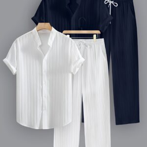 Men's Summer Set with 2 Color Options. Polyester Striped Casual Set - Short Sleeve Lapel Shirt and Drawstring Pants, Non-Stretch Fabric, Regular Fit for Daily and Beach Wear, Beachwear | Casual Summer Wear | 1pc Short Sleeve Shirt + Long Pants Set.