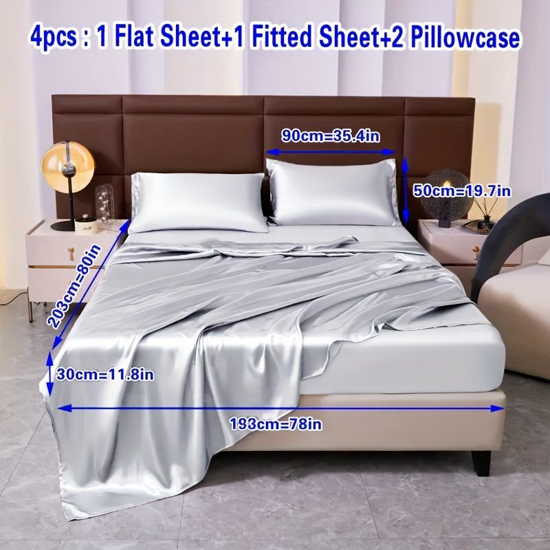 4pcs Comfort Satin Sheet Set - All-Season Versatile Non-Shrink, Ball-Free Machine Washable Luxury Fitted Sheets Soft and Smooth Bedding for Bedroom and Guest Room 1 * Flat Sheet + 1 * Fitted Sheet + 2 * Pillowcases - Image 13
