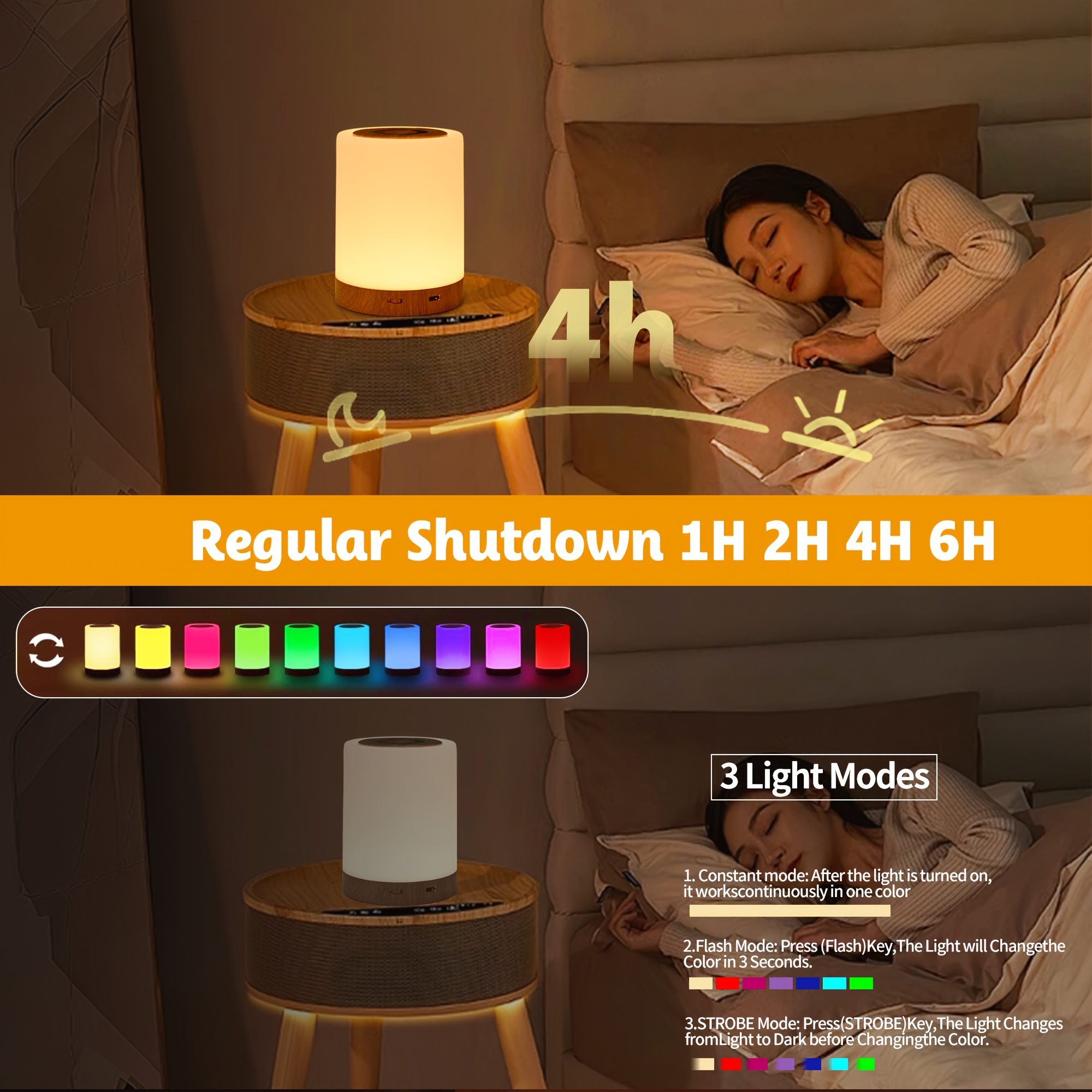 1pc/2pcs Bedside Lamp, Touch Night Lamp, Wood Grain Color Table Lamp, 3 Lighting Mode, 5 Brightness Level, RGB Ambient Lamp, Soft Light Reading Table Lamp, 1500mAh Battery, TPY-C Charging Use, Portable Lamp, Suitable for Bedroom, Living Room - Image 8
