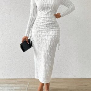 Women's Elegant Boat Neck Long Dress - Textured with Striped Pattern & Front Knot Detail, Bodycon Silhouette, Machine Washable, All-Season Formal Party Wear, Seasonal Fashion, Structured Fit