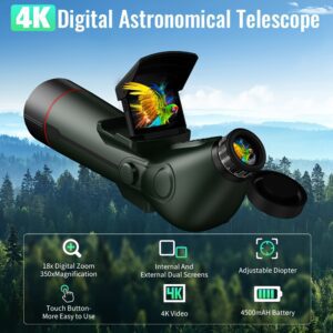 Smart Telescope with 4K Camera & Auto-Focus Refractor Telescope Suitable for Adults and Beginners, Portable Electronic Telescope with Internal/External Dual Screens, High Power Magnification for Stargazing, Astrophotography Camera System
