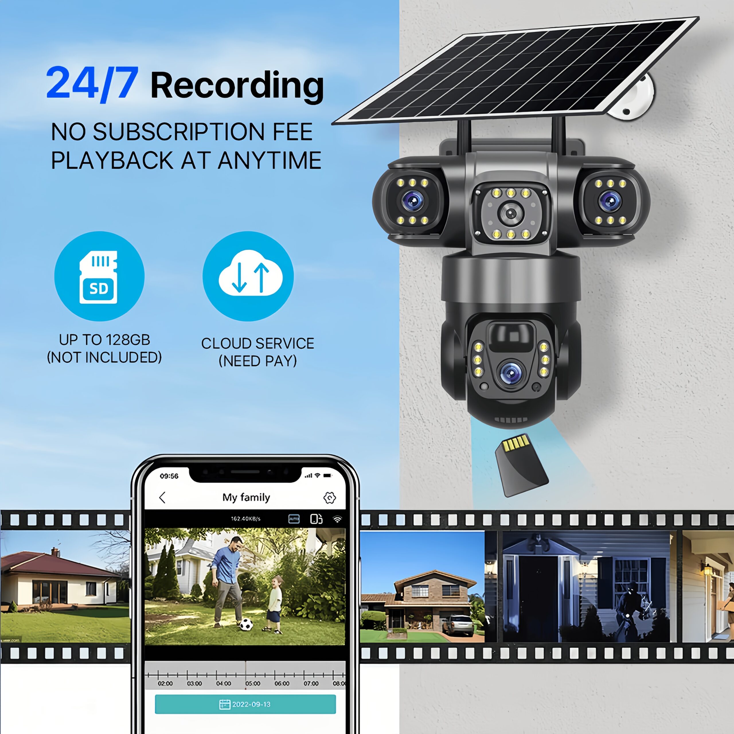New Model 3 Lens 3 Screen Security Camera Wireless Outdoor - Solar/Battery Powered, WiFi & No SIM Card Needed (Connect & Use) | Multi-Angle Monitoring for Home/Patio/Yard | AI Motion Detection, Color Night Vision, 2-Way Audio, Siren, Cloud Storage - Image 4