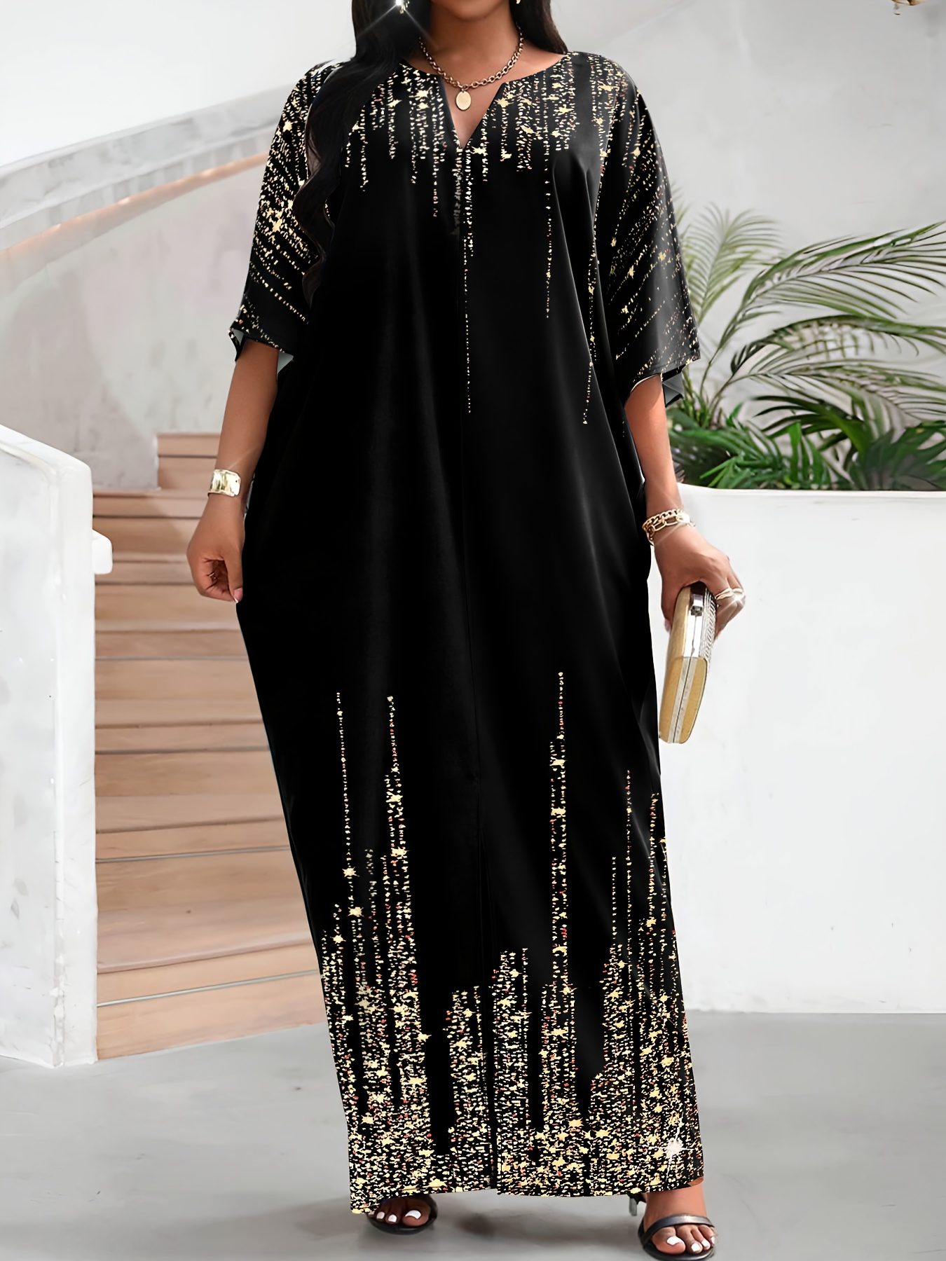 Floral Design Women'S V-Neck 3/4 Sleeve Floral Print Loose Casual Midi Dress Elegant Maxi Dress Non-Sequin Decoration - Image 3