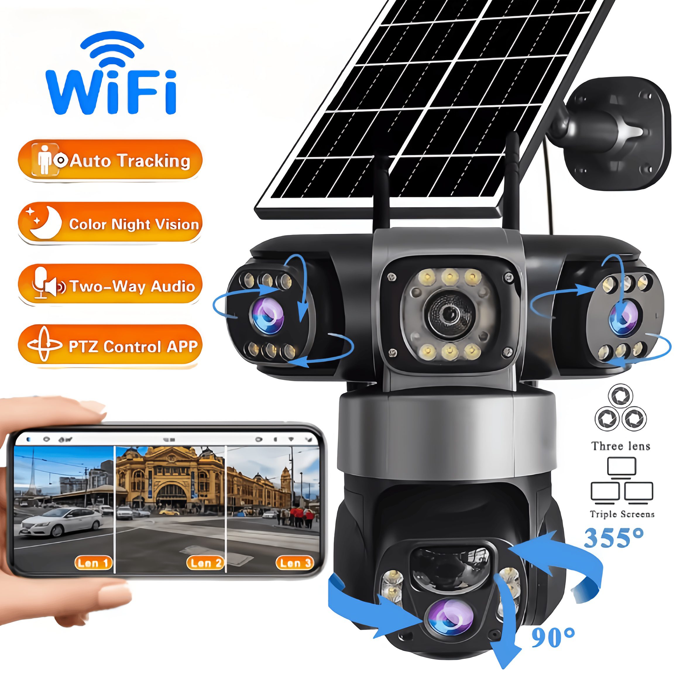 New Model 3 Lens 3 Screen Security Camera Wireless Outdoor - Solar/Battery Powered, WiFi & No SIM Card Needed (Connect & Use) | Multi-Angle Monitoring for Home/Patio/Yard | AI Motion Detection, Color Night Vision, 2-Way Audio, Siren, Cloud Storage
