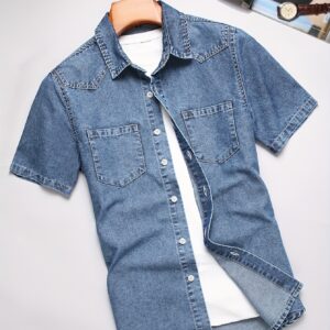 Men'S Fashion Summer Denim Short Sleeve Shirt (Washed Denim Medium Blue)