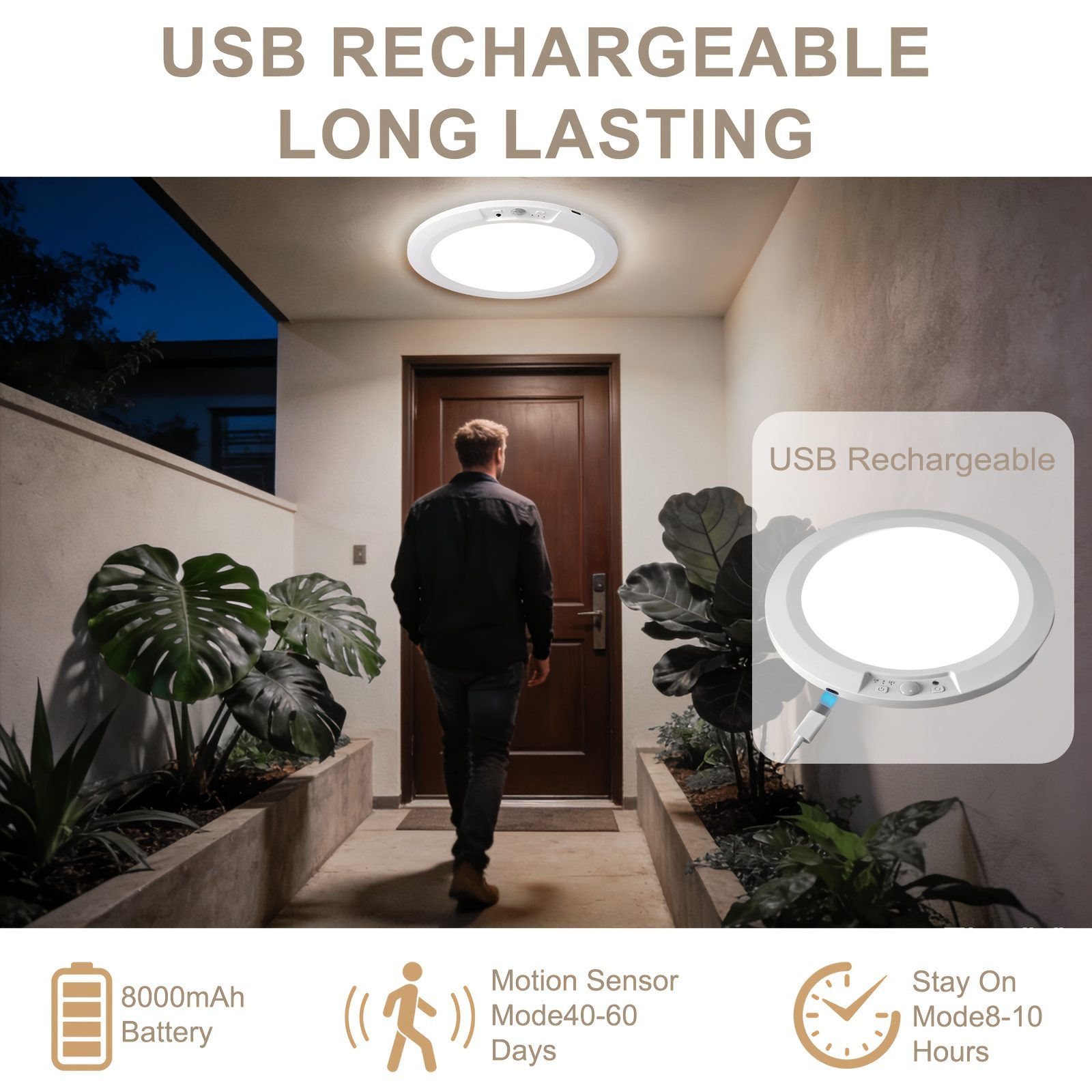 Smart Sensor Ceiling Light, with Remote Control, Timed Light Off, 3 Lighting Modes, 5 Color Temperature Adjustments for Light Brightness, 8000Mah Super Large Capacity Rechargeable, Magnetic Installation Without Drilling, USB Charging - Image 7