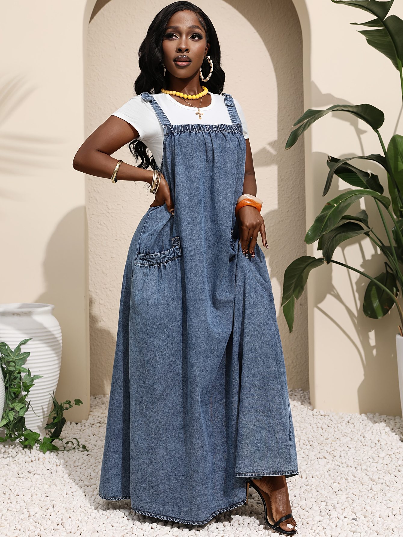 Women's Sleeveless Casual Suspender Long Denim Dress