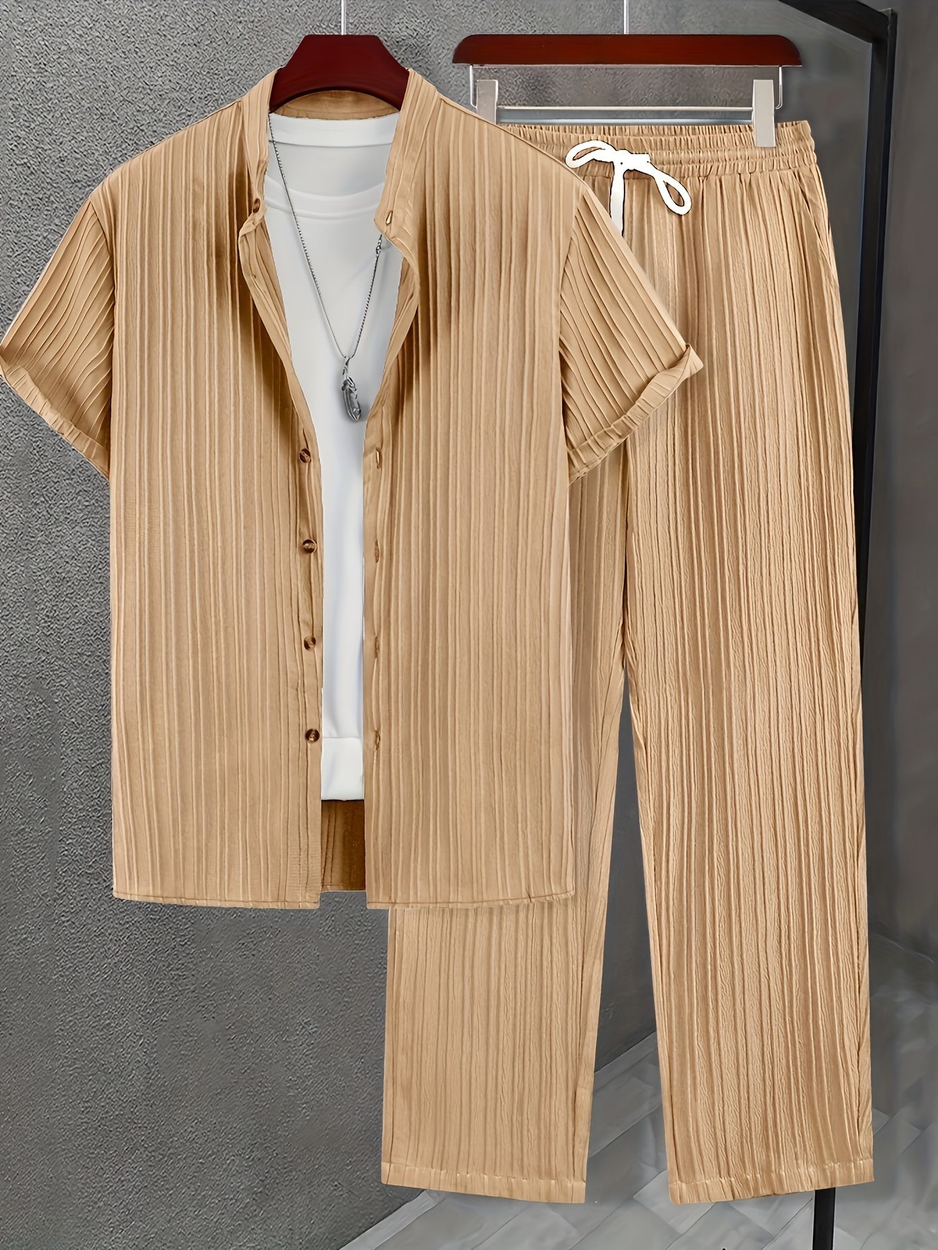 Men's New Trend Textured Wave Stripe Short Sleeve Long Pants Casual Set - Image 7