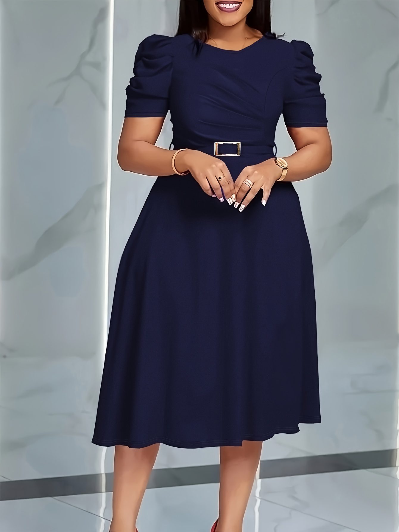 Elegant V-Neck Midi Dress with Ruffle Details | Solid Color Short Sleeve, Waist Belt, Flowing Skirt for Spring/Summer, Comfortable And Stylish Fit And Flare Silhouette - Image 2