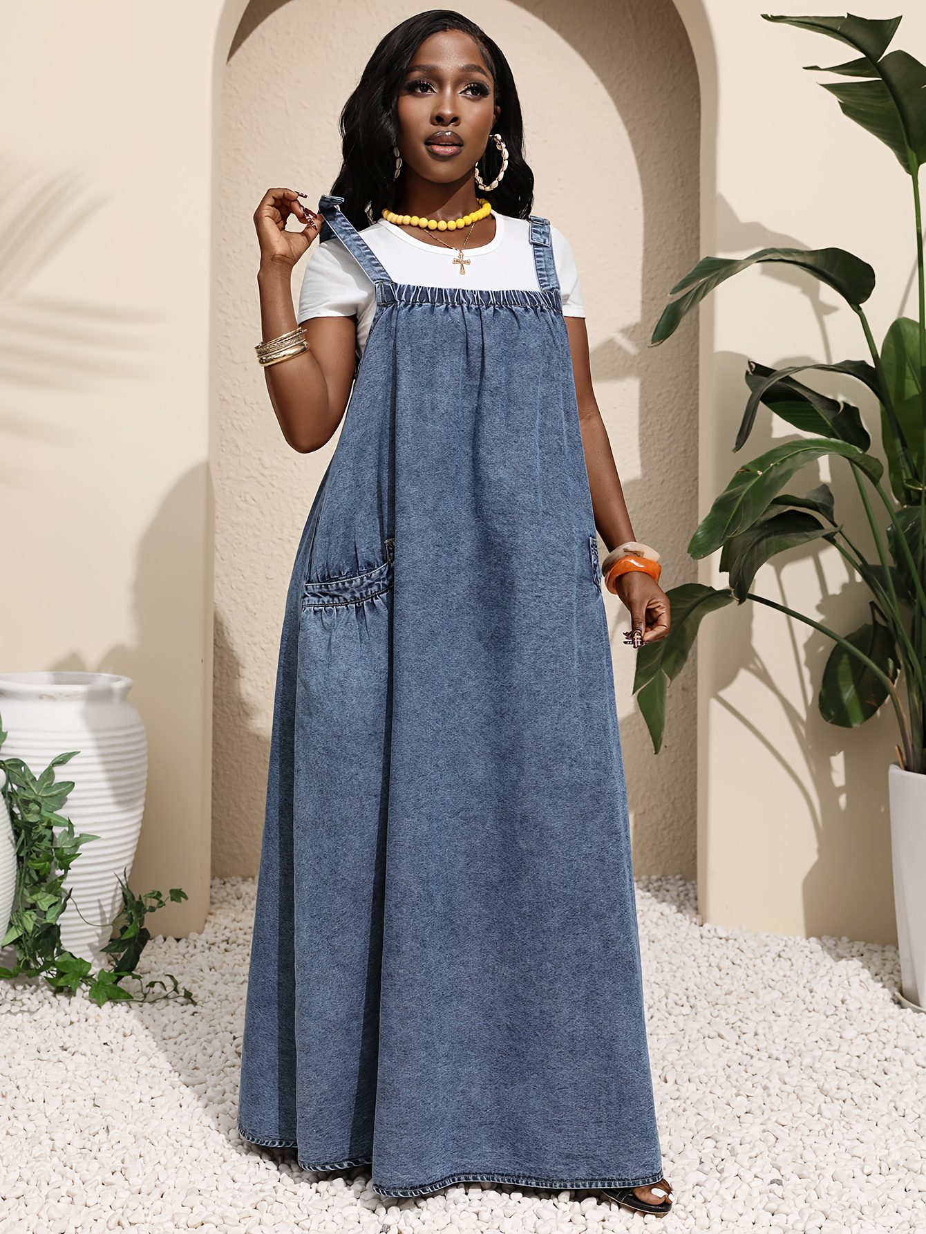 Women's Sleeveless Casual Suspender Long Denim Dress - Image 4