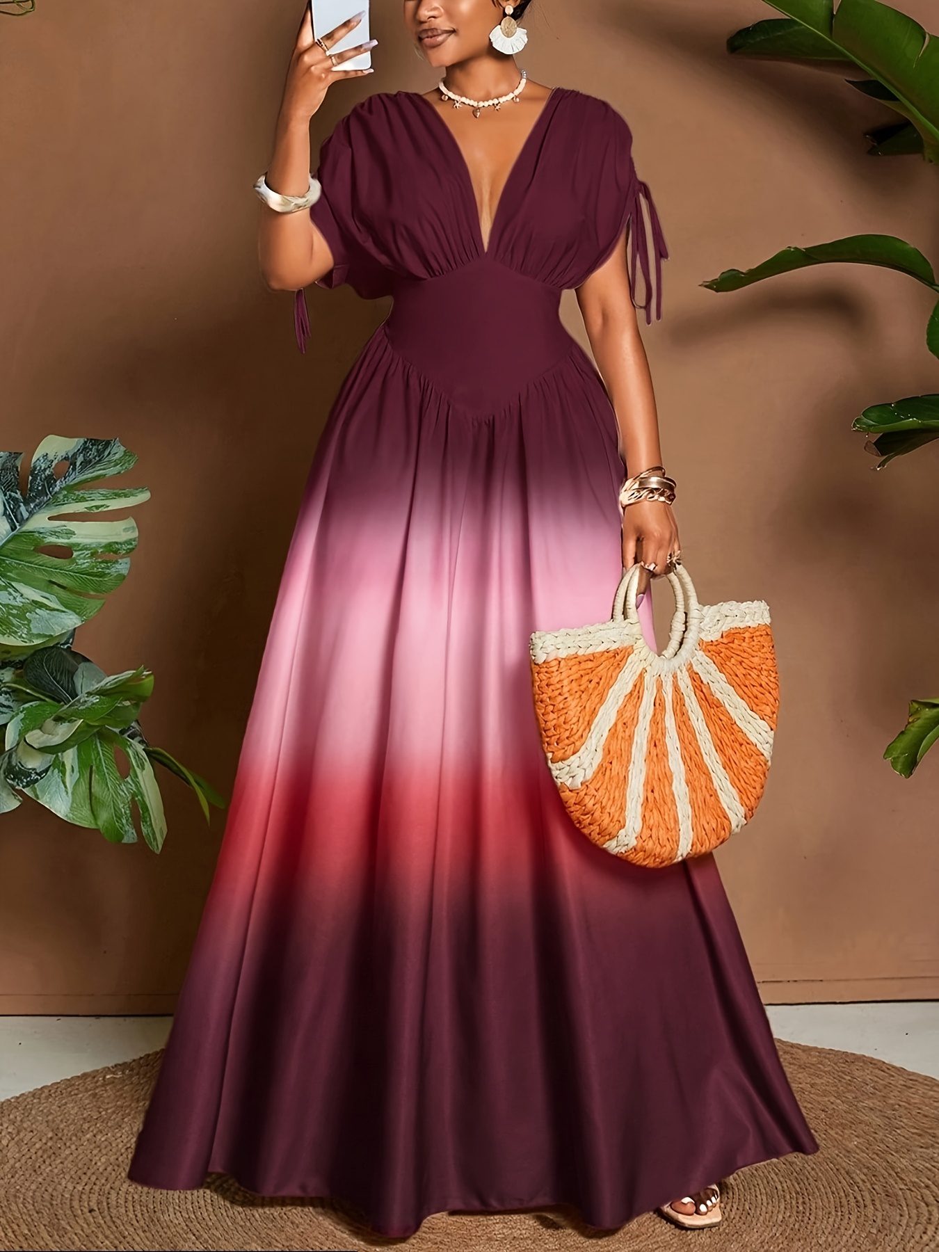 LL168 Women's Elegant Romantic Gradient Print Bow V-Neck A-Line Maxi Dress - Image 5