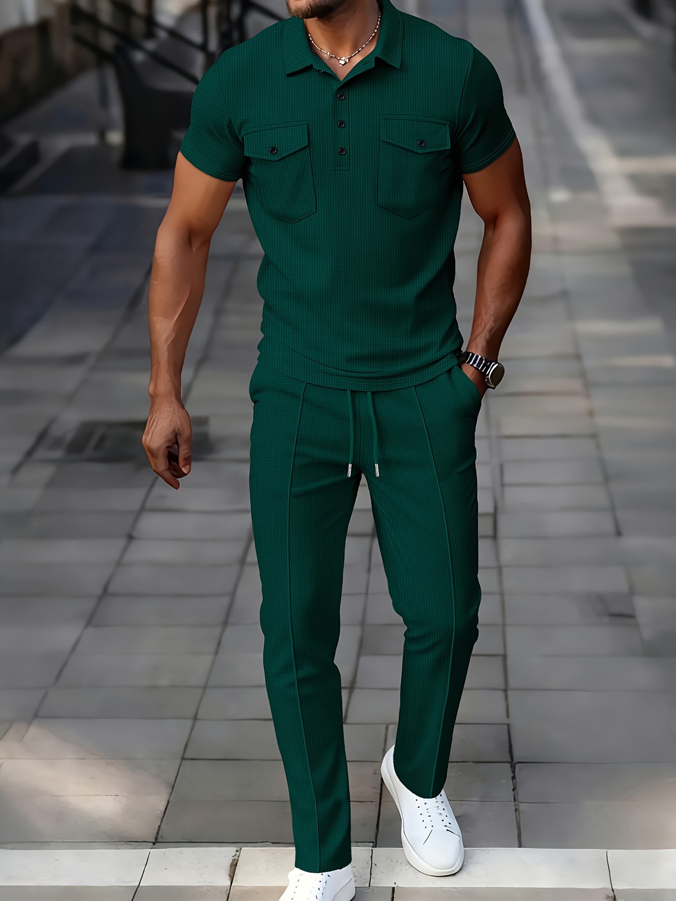 Men's 2pcs Set, Solid Color Minimalist Black Button-Up Short Sleeve Shirt with Two Pockets and Collar + Drawstring Waist Pants, Men's Spring/Summer Casual Vacation Daily Wear - Image 5