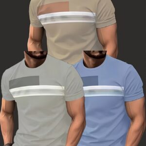 3pcs Men's Striped Short Sleeve T-Shirts - Solid Color & Stripe Design in,,,, Grey, Turquoise | Breathable Round Neck Casual Summer Tees with Vertical Striped Sleeves | Machine Washable, Versatile Casual Attire for Beach, Office, Semi-Formal Events