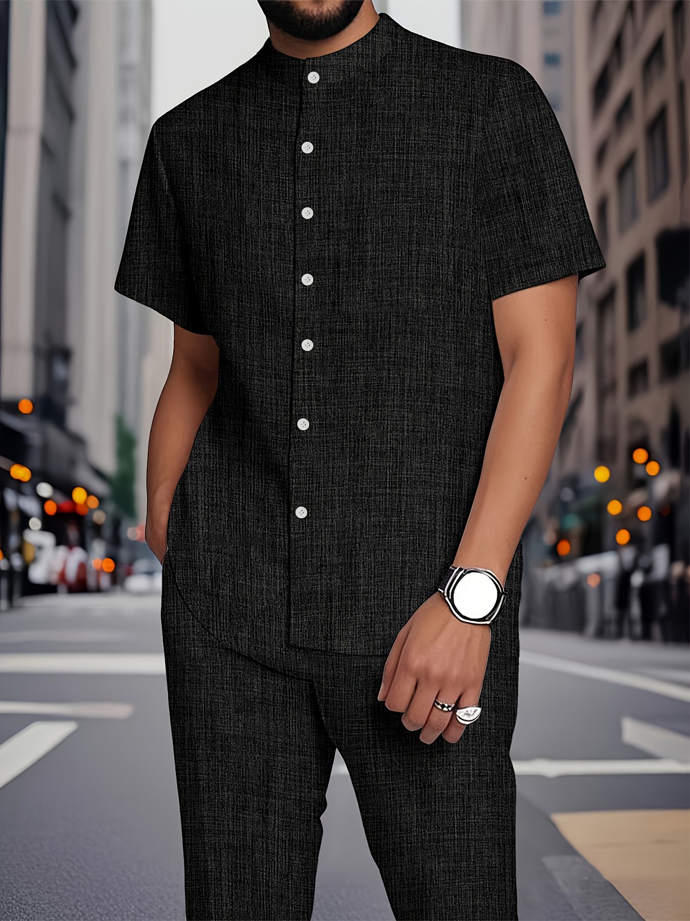 European and American new Men's fashionable and comfortable short-sleeved stand-up collar shirt set striped texture fabric stand-up collar short sleeve shirt and casual trouser set - Image 2