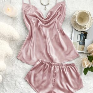 Women'S Solid Color Breathable Ruffled Neckline Camisole And Shorts Pajama Set