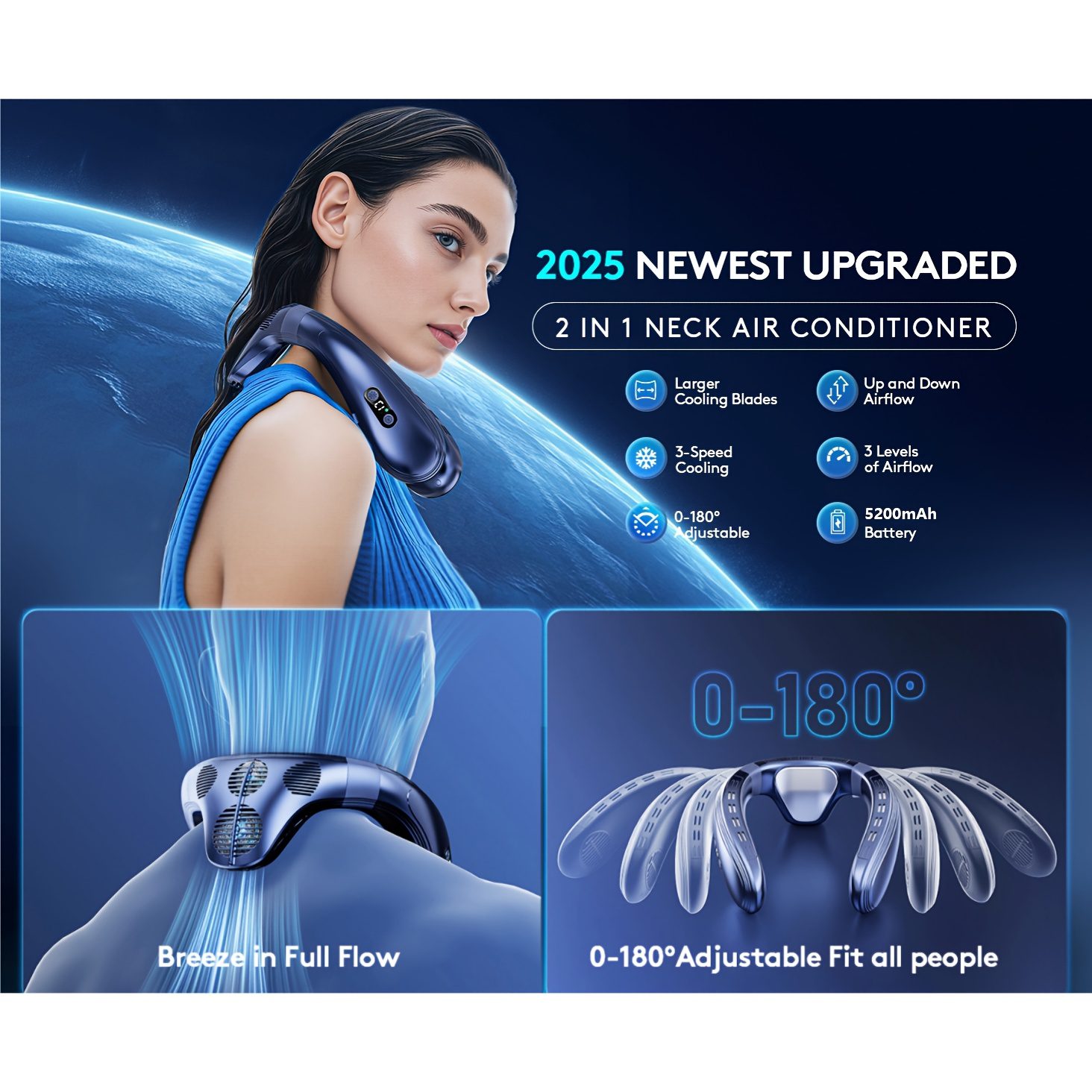 Neck Fan with Back Airflow, Ultra-Long Battery Life of 5200Mah, USB Fan Featuring Semiconductor Cooling Airflow, Bladeless Design, Portable Silent Air Conditioner, Rechargeable Essential for Holidays, Suitable for Both Women And Men