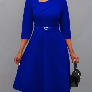 An Elegant Long Dress with a Diagonal Small Collar And a Flowing Skirt, Featuring a Unique Off-Shoulder Pleated Design, 3/4 Sleeves, And Details, Suitable for All Seasons