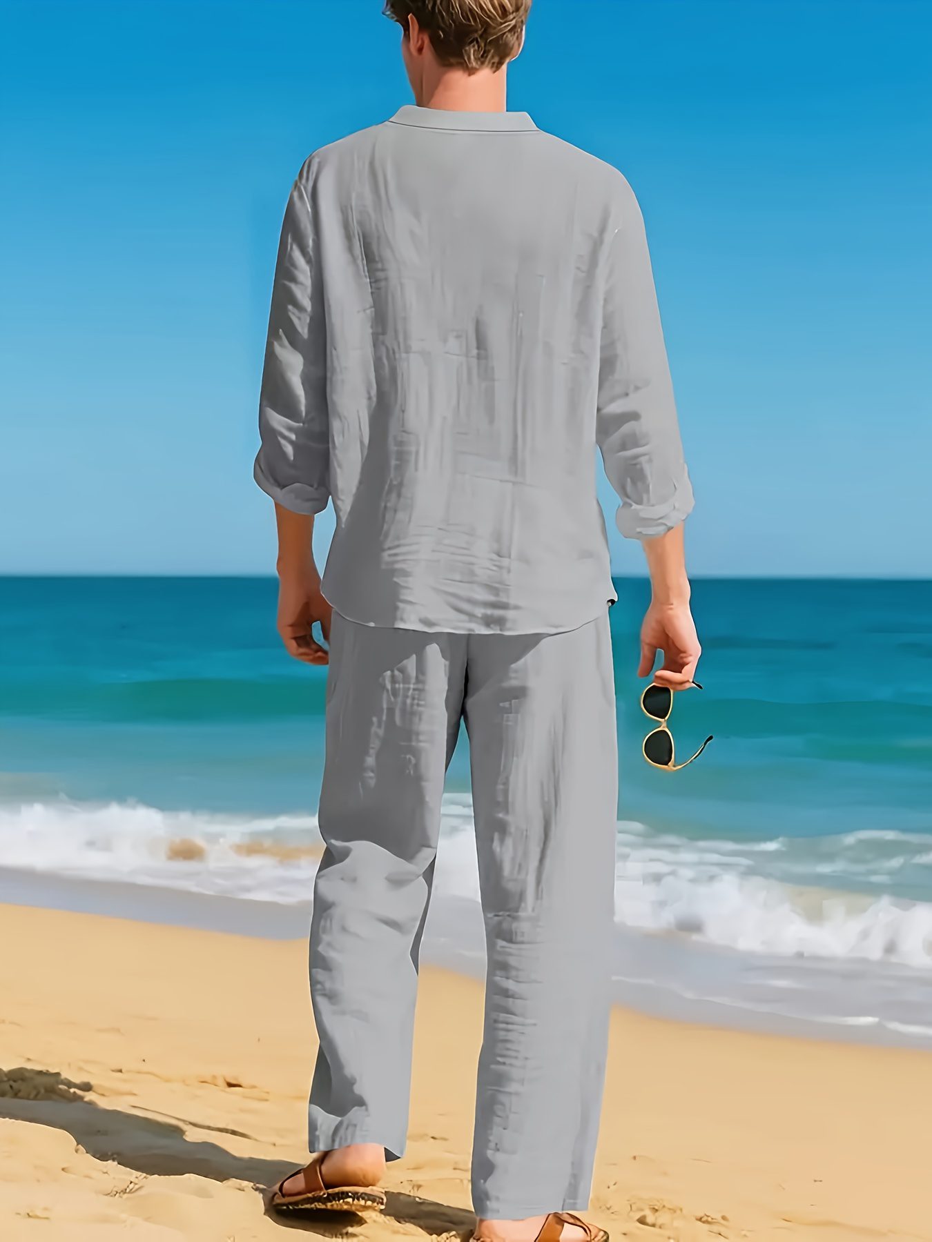 Cross-Border New Men'S Linen Casual Loose Long-Sleeved V-Neck Breathable Long Pants Set for Spring, Summer, Autumn, And Winter - Image 9